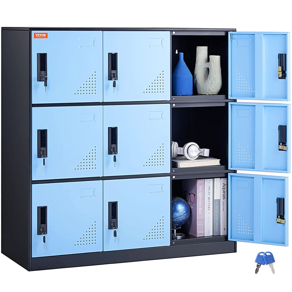 VEVOR Metal 9 Doors Cabinet with Card Slot, Employee Keys, 66lbs Loading Capacity Storage Lockers for Office, Home, School, Gym, Black-Blue VEVOR