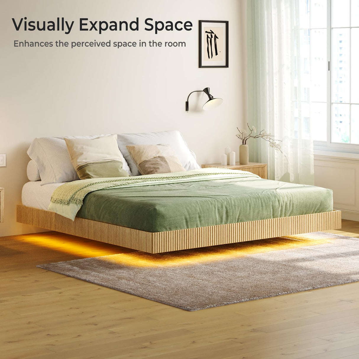 Tatub Natural King Floating Bed Frame with LED Lights, Modern Fluted Oak Platform Bed Frame Floating, Heavy Duty Metal Slats, No Box Spring Required Tatub