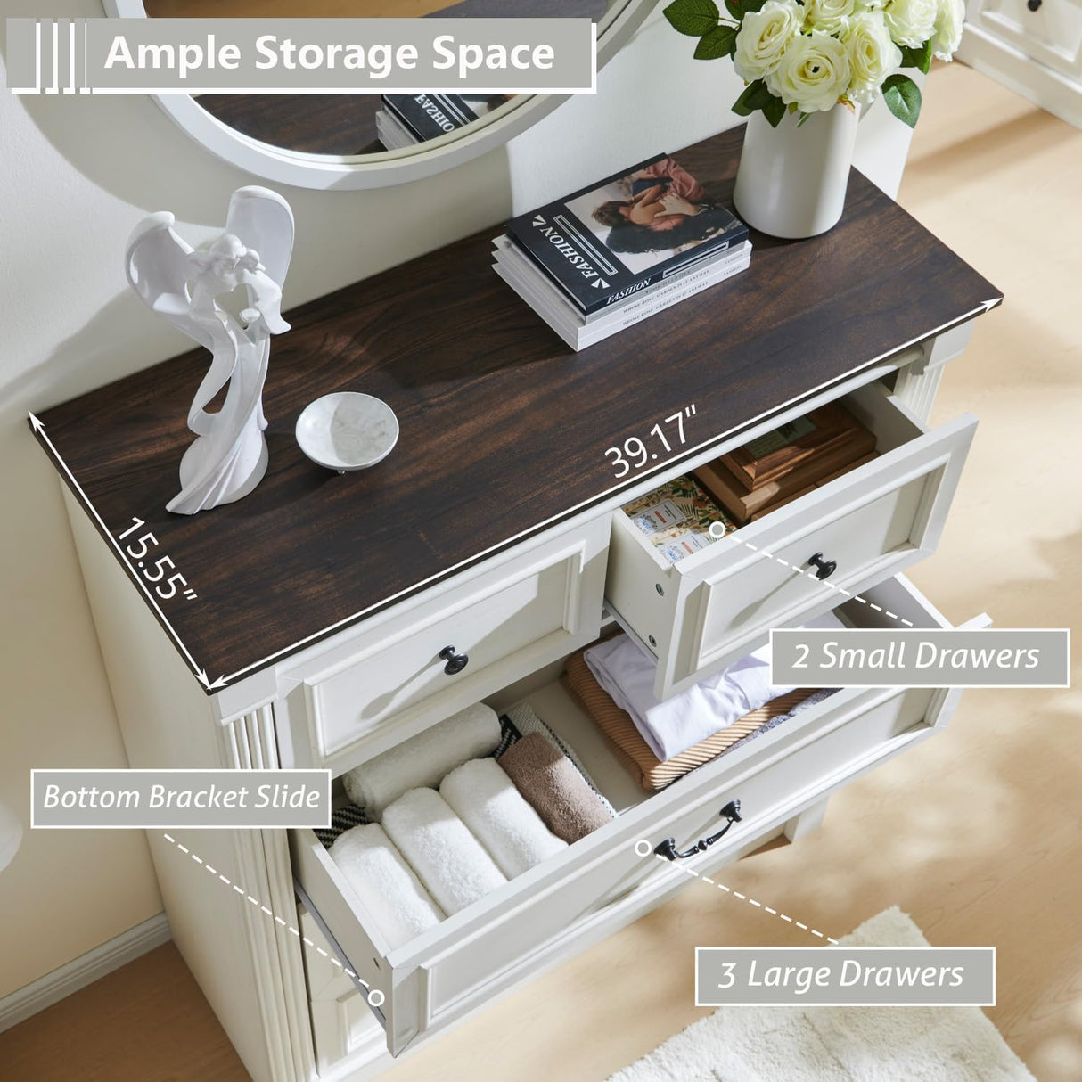 Aitjunz Farmhouse 5 Drawers Dresser for Bedroom, 46" Tall Dressers & Chests of Drawers w/Roman Column, Large Storage Dressers Organizer for Bedroom, Hallway, Living Room, White Aitjunz