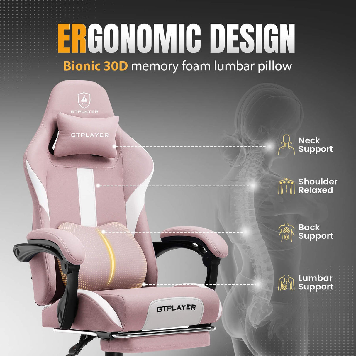 GTRACING Gaming Chair Ergonomic Office Chair with Foot Rest & Pocket Spring Cushion, High Back Computer Desk Chair with Headrest & Lumbar Support, Breathable Fabric Game Chair for Adults, Pink GTRACING