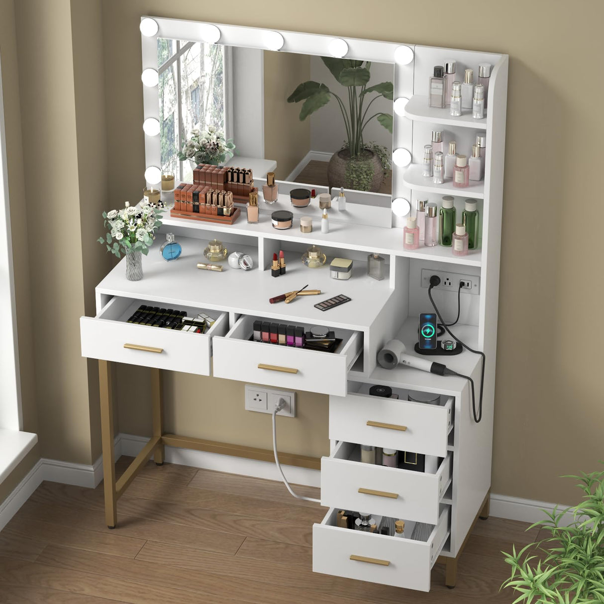 Loomie Vanity Desk with Lighted Mirror & Power Outlet, Makeup Table with 5 Drawers, Two Cubby & Shelf, Vanity Dresser with 11 Lights in 3 Lighting Colors for Bathroom, Bedroom,Makeup Room,White Loomie