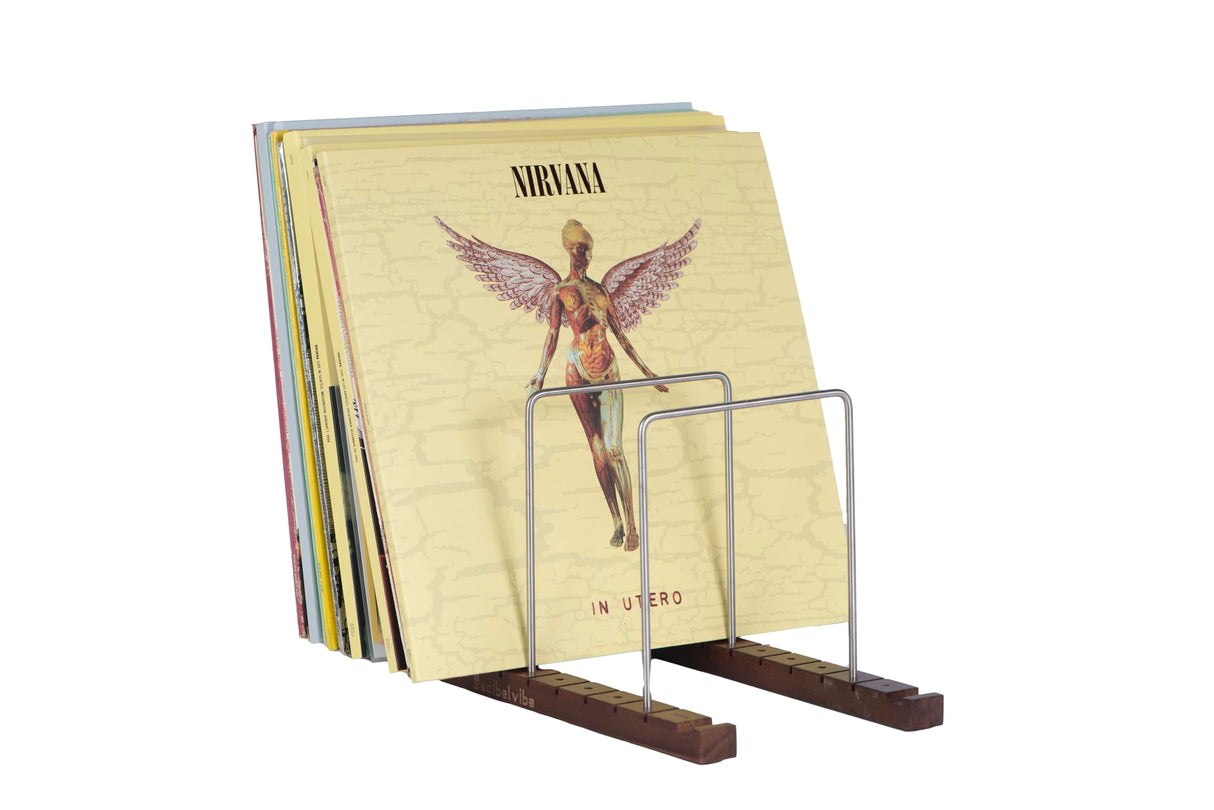 Decibelvibe Vinyl Record Storage and Record Player Stand, Now Playing Display with Stainless Steel and Solid Walnut Wood Premium Design, Up to 75 Vinyl records Decibelvibe
