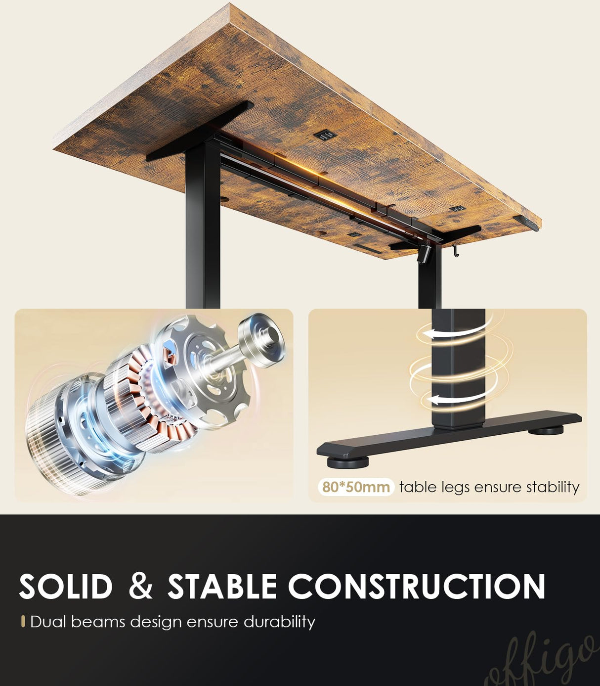 OffiGo Electric Standing Desk with 3-Piece Board, 71 Inch Height Adjustable Large Desk with Power Outlets, Sit Stand Table, Writing Computer Desk for Home, Office, Workstation, Rustic Brown OffiGo