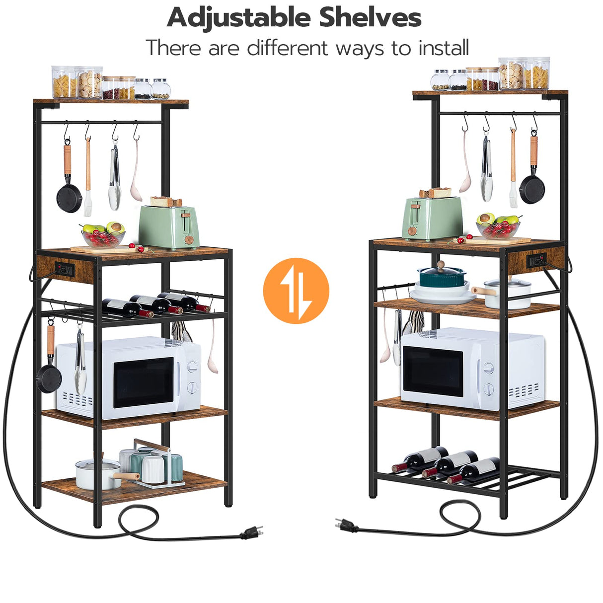 HOOBRO Rustic Brown Kitchen Bakers Rack with Power Outlet and Adjustable Wine Rack HOOBRO