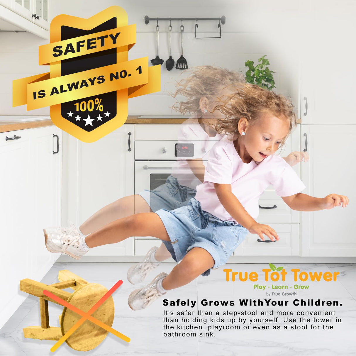 True Tot Toddler Tower - Folding Montessori Kitchen Stool for Children | Safety Rail & Non-Slip Rubber Feet | Adjustable Height | Solid Wood Construction Supports up to 100 lbs | Foldable for Storage True Growth Play - Learn - Grow