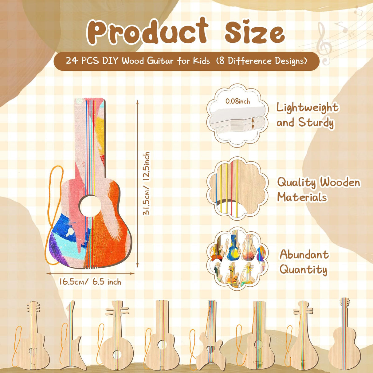 Syhood 24 Pcs DIY Wood Guitar Cutouts for Kids, 12.4 x 6.5 Inches Wood Guitars Cutouts for Boys Girls, Bamboo Musical Instrument for Painting, Suitable for Crafts Class, Birthday Party, Theme Party Syhood