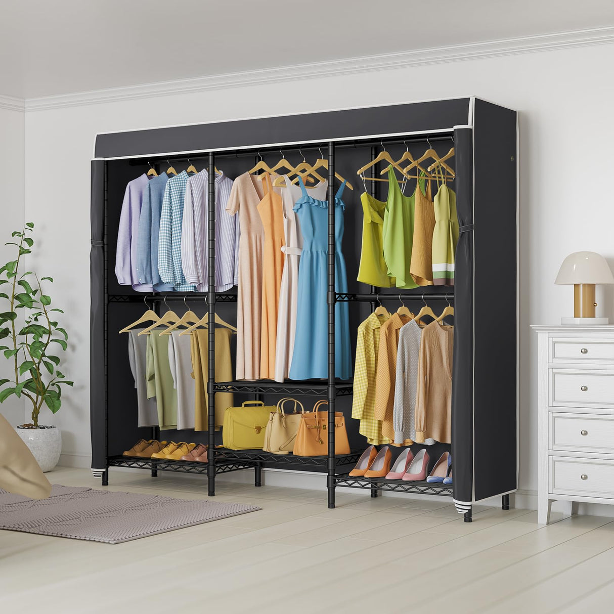 VIPEK V5C SE Garment Rack Wardrobe Closet, Heavy Duty Clothes Rack with Adjustable Shelves and Black Cover, Black Metal Closet Rack Clothing Storage Organizer for Bedroom, 70.1" Lx17.3 Wx76.4 H VIPEK