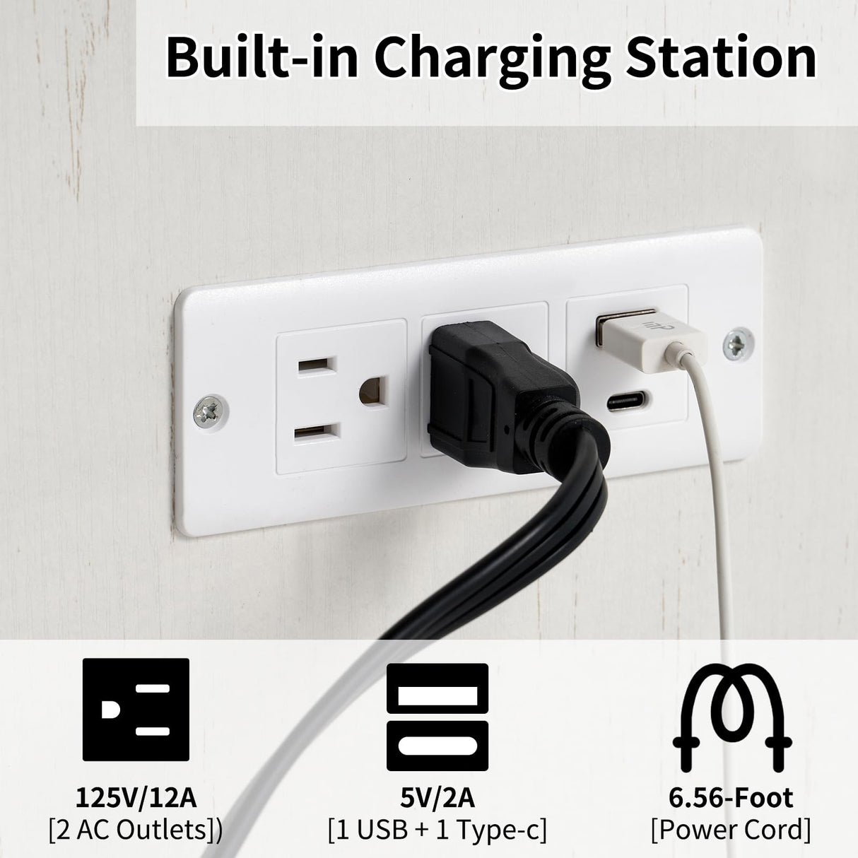 LUXOAK Murphy Bed with Charging Station, Queen Size Cabinet Bed with Large Storage Drawer for Home Office or Small Room, Hideaway Full Foldable Platform Bed, White LUXOAK