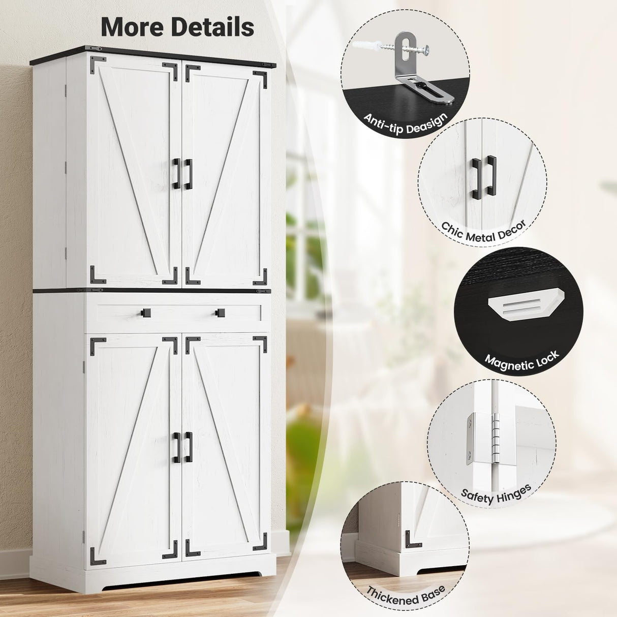 ELYKEN 72" Tall Pantry Cabinet for Kitchen, White Kitchen Storage Cabinet with Slide Out Rack & 8 Door Organizer, Farmhouse Wood Tall Freestanding Cupboard for Dining Room Living Room ELYKEN