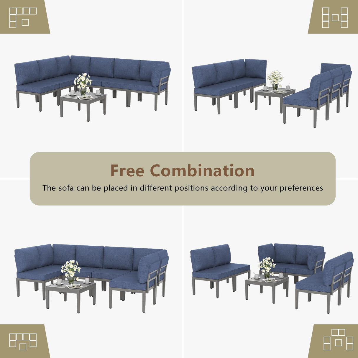 Kullavik Patio Furniture Set,7 Pieces Metal Modern Outdoor Furniture,Outdoor Sectional Sofa w/5.1" Cushions and Coffee Table for Patio,Backyard,Navy Blue Kullavik