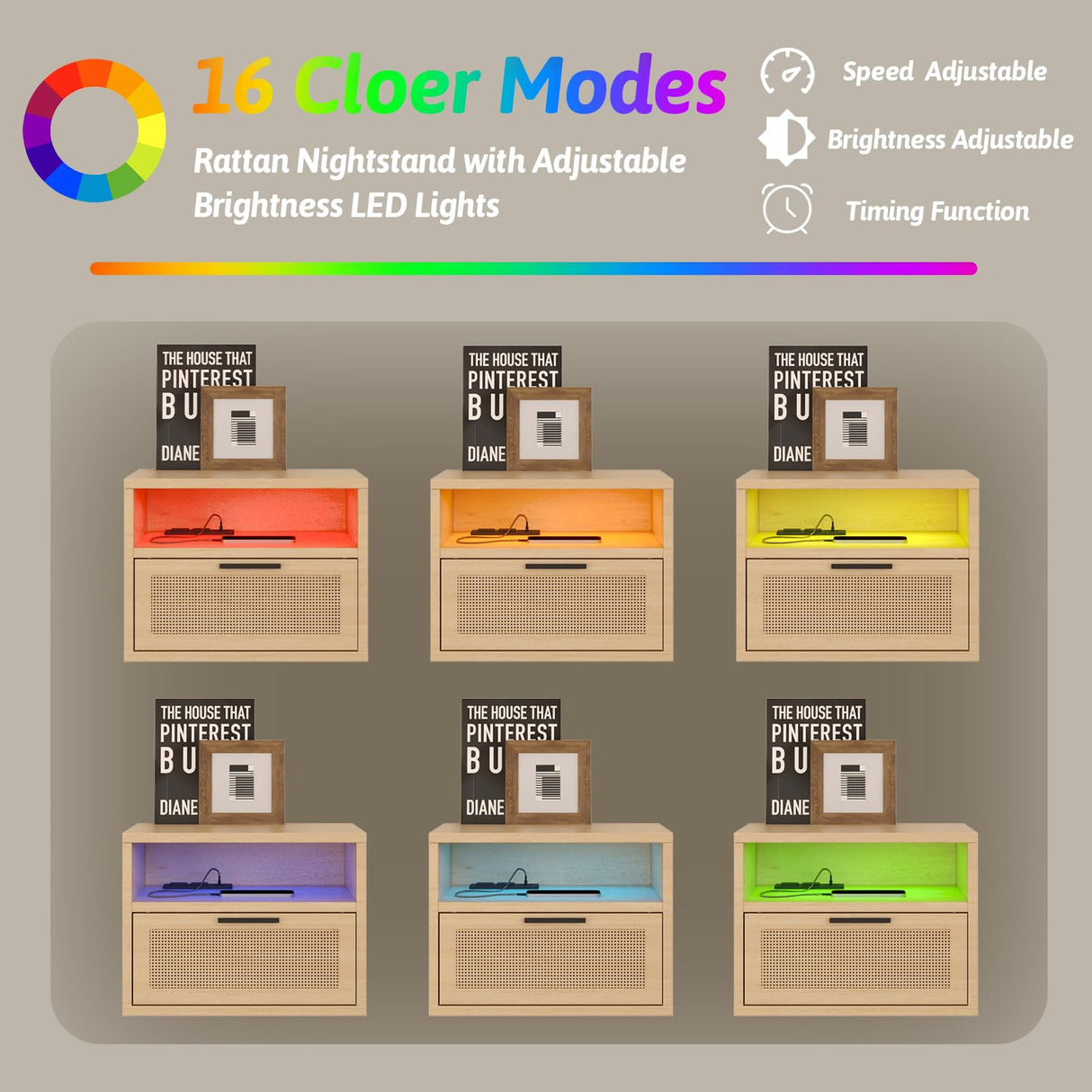 iyrany Floating nightstand Set of 2 with USB Ports, outlets, and led Light Strip – Modern Wall-Mounted nightstands with Oak and Rattan Design iyrany