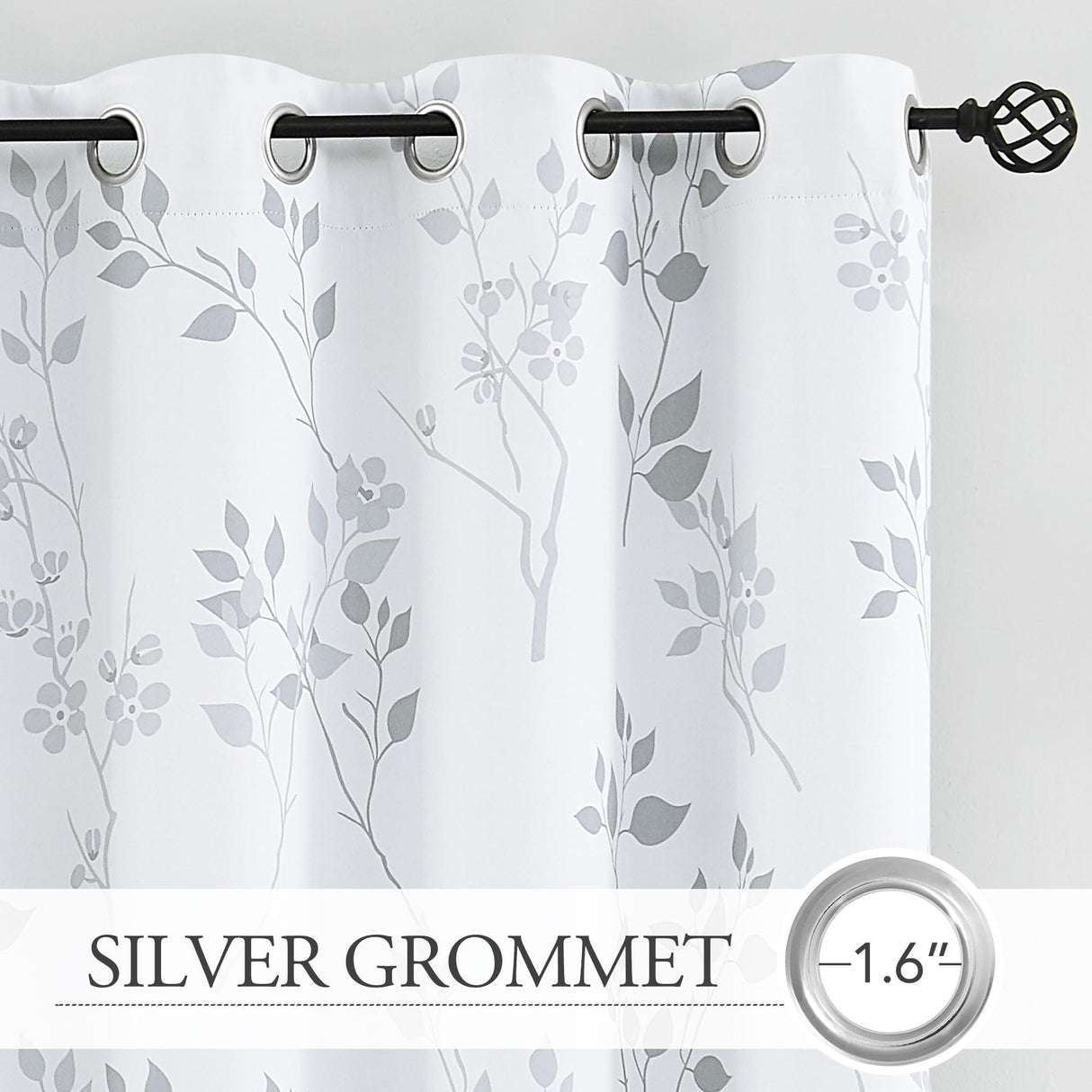 Beauoop Floral 100% Blackout Curtains 84 Inches Long 2 Panels for Bedroom Living Room Grey White Flower Patterned Room Darkening Thermal Insulated Soundproof Grommet Window Treatments Drapes, 52X84 Beauoop