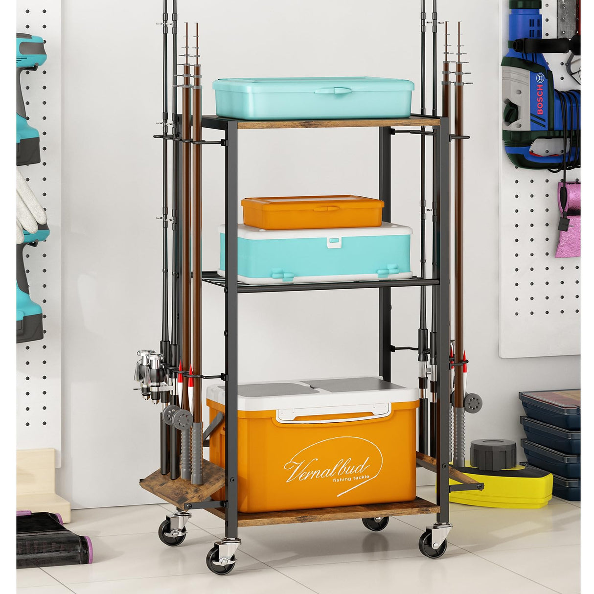 ZHOOGE Fishing Rod Holders for Garage, Fishing Pole holders Fishing Pole Rack Holds up to 8 Rods and Reel Combos, Fishing Gear Equipment Organizer Storage Solution for Garage Basement or Indoor ZHOOGE