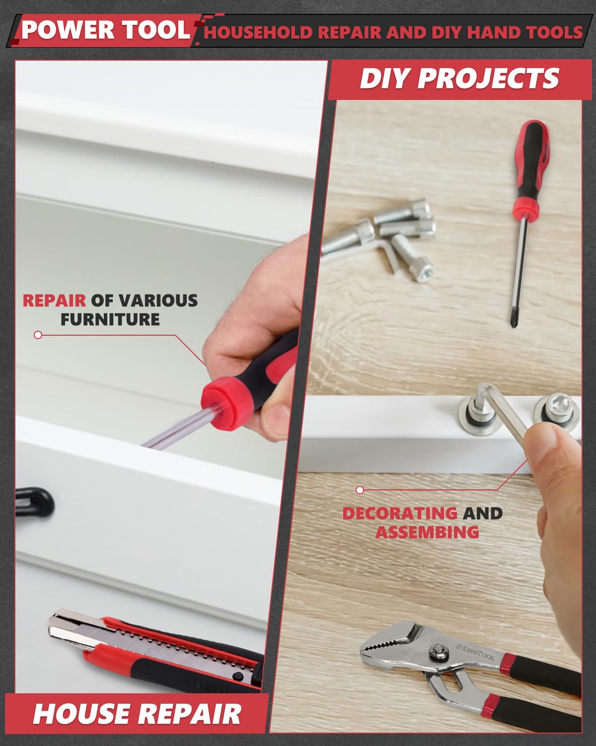 KingTool Home Tool Set Kit - 286 PCS Home Auto Repair Tool Kit with Rolling Tool Box, Mechanic Tool Sets with 21V Max Cordless Power drill, Perfect for Homeowner, Diyer, Handyman KINGTOOL