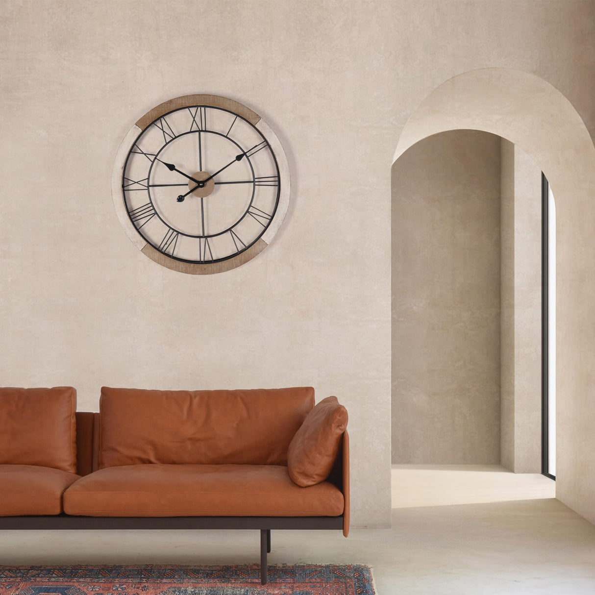 Wall Clock for Living Room Decor, 24'' Big Wall Clock for Office, Rustic Wall Clock Battery Operated, Distressed White Roman Numeral Clock, Round, Wood Wall Clock Oakrain