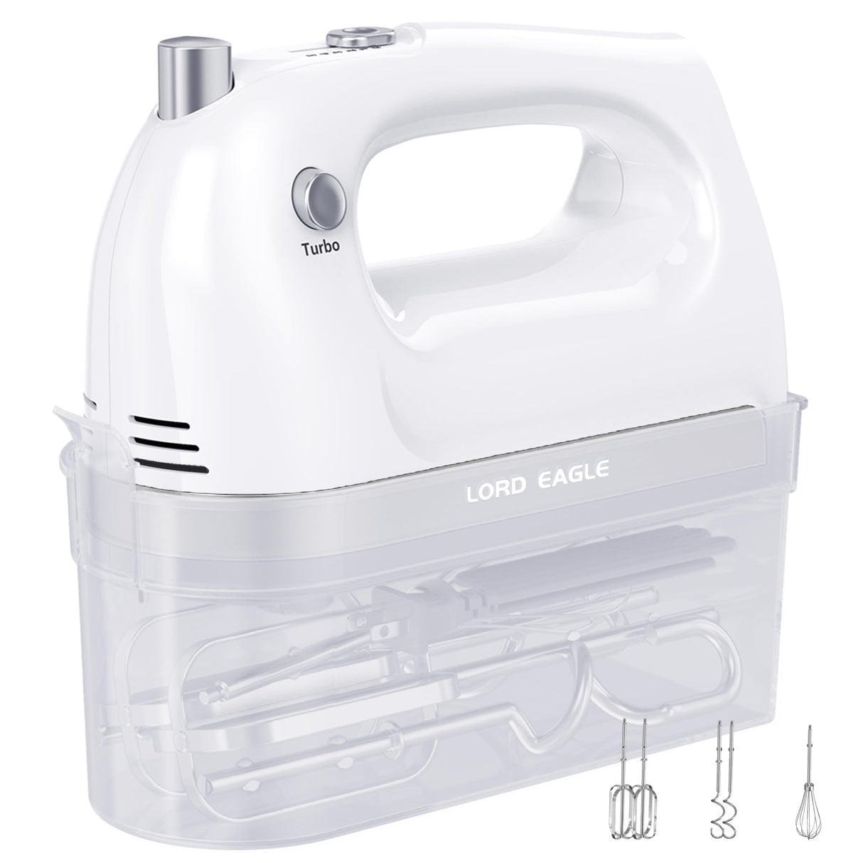 Lord Eagle Hand Mixer Electric 400W, 5 Speed handheld Mixer, 5 Stainless Steel Accessories for Baking Cake Egg Cream Food Beater, Turbo Boost/Self-Control Speed + Eject Button (White) Lord Eagle