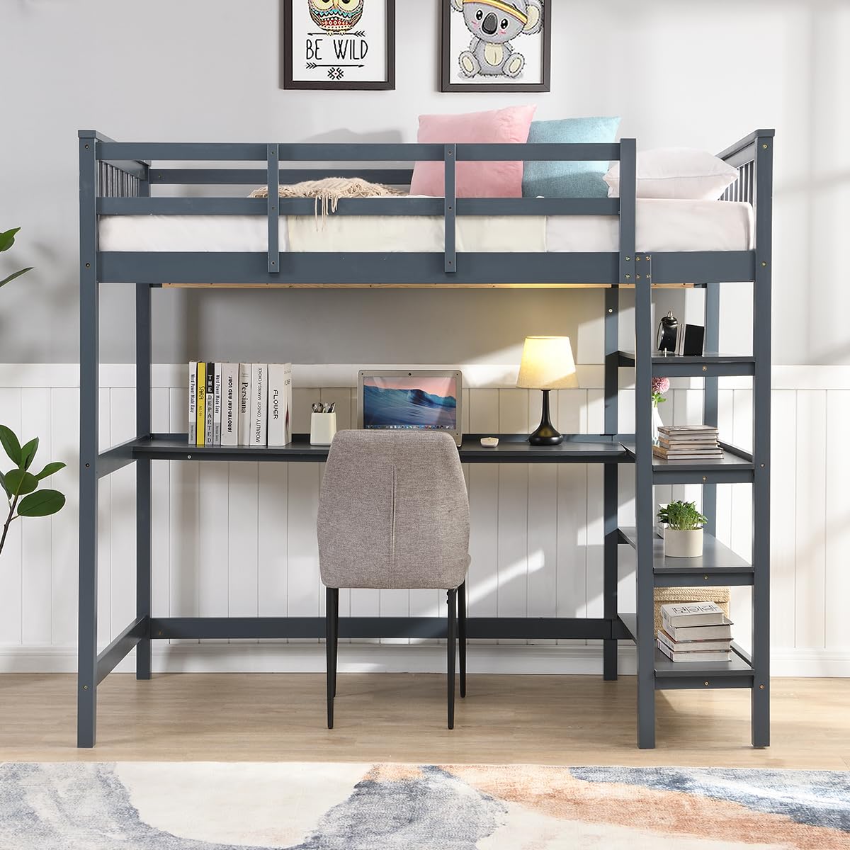 KINFFICT Loft Bed Full Size with Desk and Shelves, Heavy Duty Full Loft Bed Frame with Bookcase Storage, Solid Wood Lofted Bed Frame, Space-Saving, Noise Free, No Box Spring Needed KINFFICT