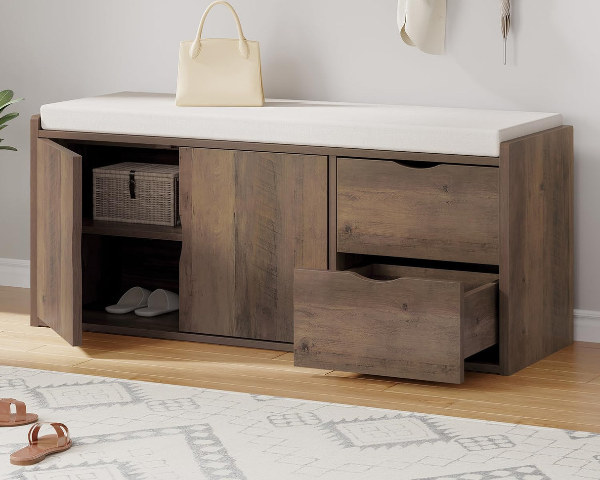 LVB Entryway Bench with Storage, 40” Storage Bench with Padded Cushioned Seat, Farmhouse Shoe Bench with 2 Drawers Cabinet Shelf, Industrial Wood Shoe Rack Bench for Living Bedroom,Rustic Oak, 40in LVB
