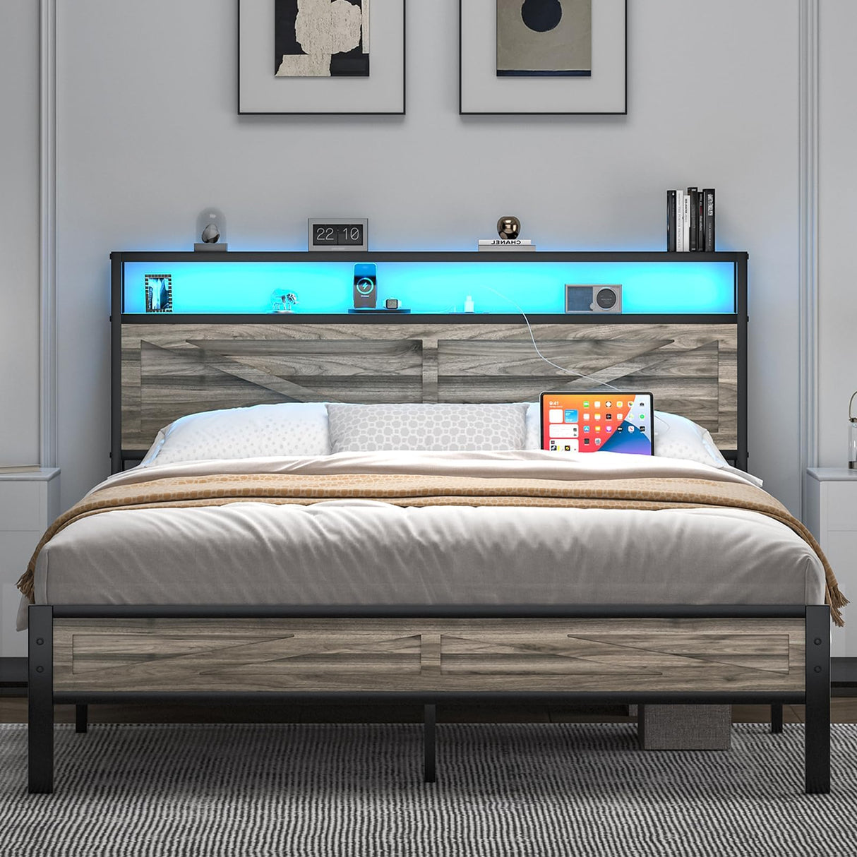 Full Size Bed Frame, Full Bed Frames with LED Lights and Charging Station, Farmhouse Platform Bed with Storage Headboard, Rustic Barn Door Design, Noise Free, No Box Spring Needed, Wash Grey CHABUILDREARK