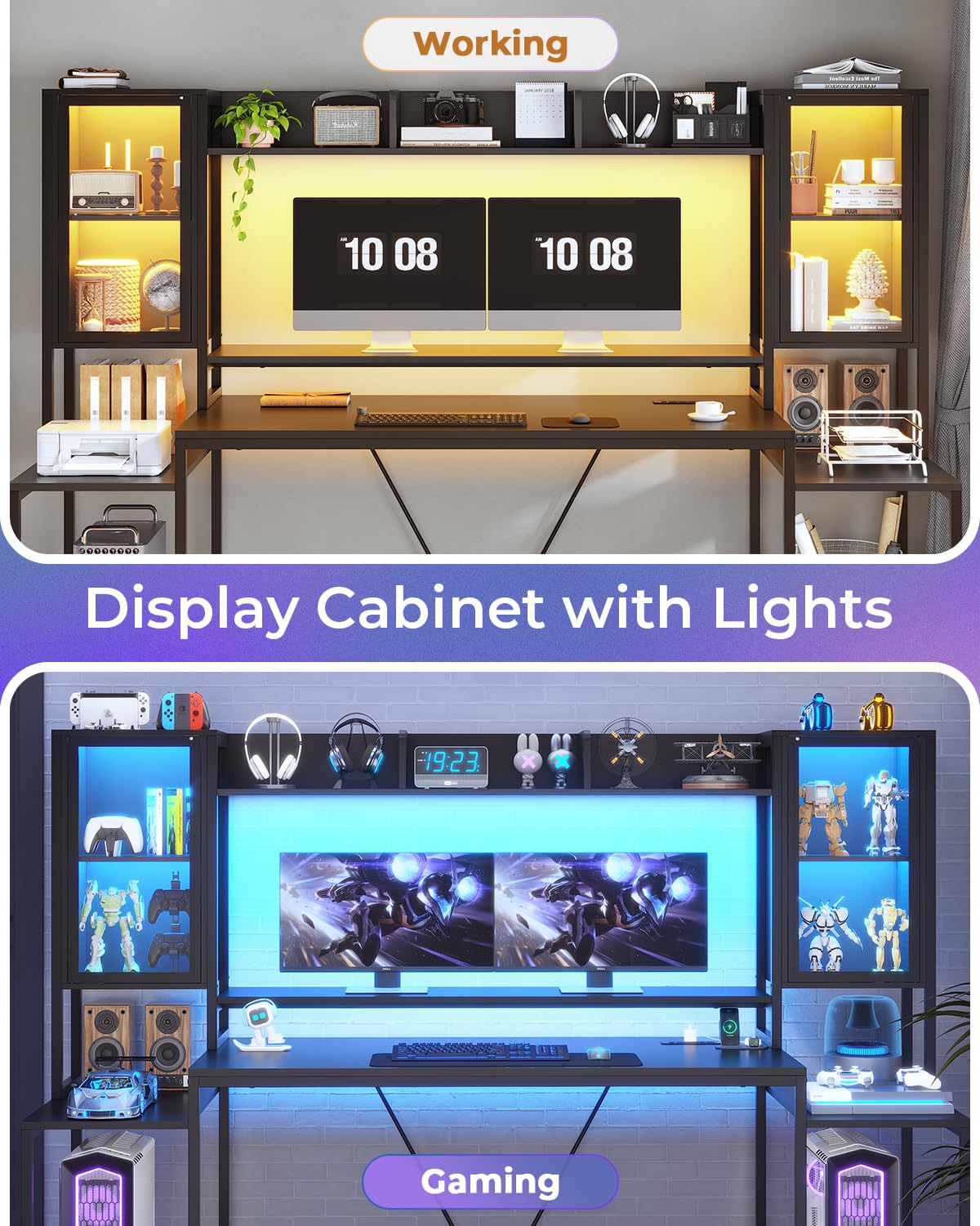 SEDETA Gaming Desk 74.8'' with LED Lights, Hutch and Storage Shelves, Computer Desk with Monitor Stand, Large PC Gamer Desk Workstation, Ergonomic Gaming Table for Bedroom, Living Room, Black SEDETA