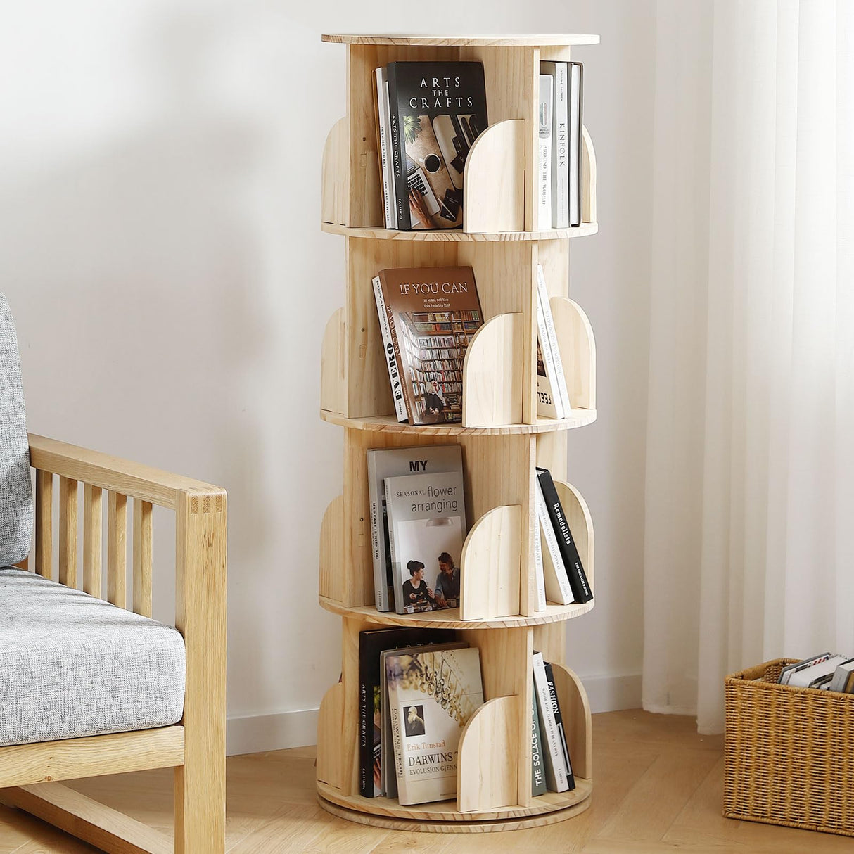 Buzleer 4-Tier Rotating Bookshelf Tower – Space-Saving Solid Wood Book Organizer for Small Spaces Buzleer