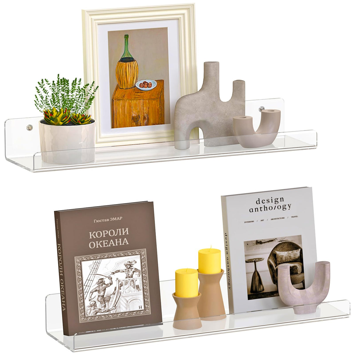 Dooiclear 2 Pack Floating Shelves for Wall, 15" Clear Book Shelf, Acrylic Floating Wall Shelf, Display Shelves Organizer for Bathroom, Classroom, Bedroom, Living Room, Kitchen, Room Decor Dooiclear