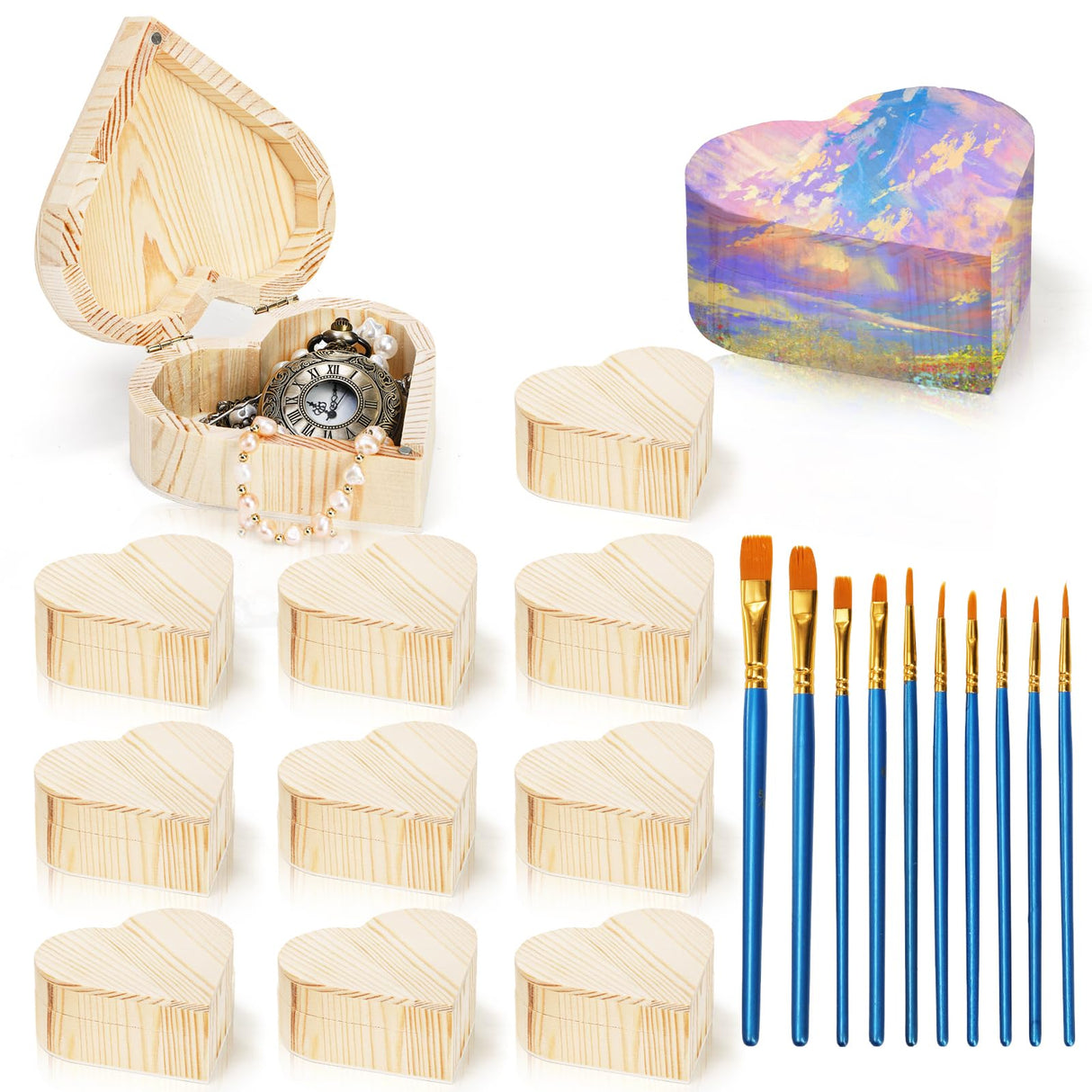 Acshio 12 Pack Unfinished Wood Heart Box, Unpainted DIY Treasure Chest with 10 Pcs Paint Brushes, Wooden Heart Shaped Storage Box Jewelry Box with Lid for Art Craft Painting Making Acshio