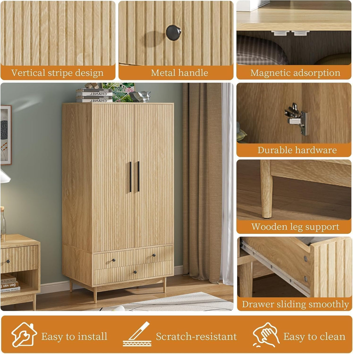Fsbecl Armoire Wardrobe Closet with Drawers and 2 Fluted Doors 64.96 in Farmhouse Closet Wardrobe Cabinet with Hanging Rod Freestanding Wooden Bedroom Armoire Storage Cabinet with Shelf (Wood Color) Fsbecl