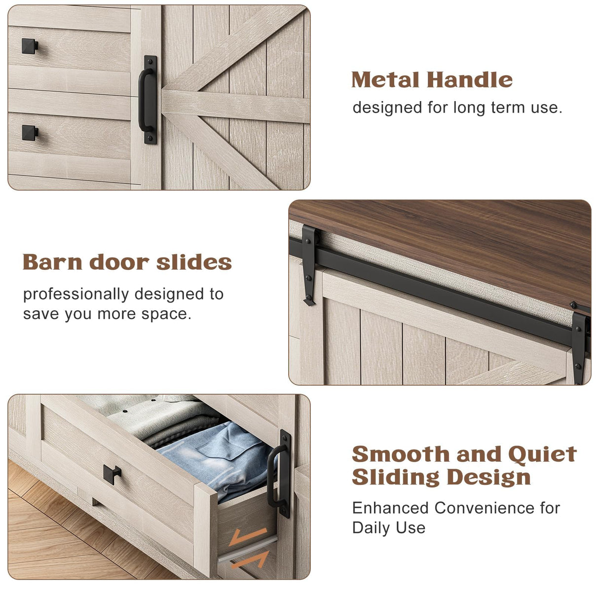 Farmhouse Dresser for Bedroom, Chests of Drawers for Clothes, 4 Drawers Dresser with Sliding Barn Door, White Dresser Wood, 60” Wide Dresser with Storage Organizer for Kids, Tall TV Stand GlouMod