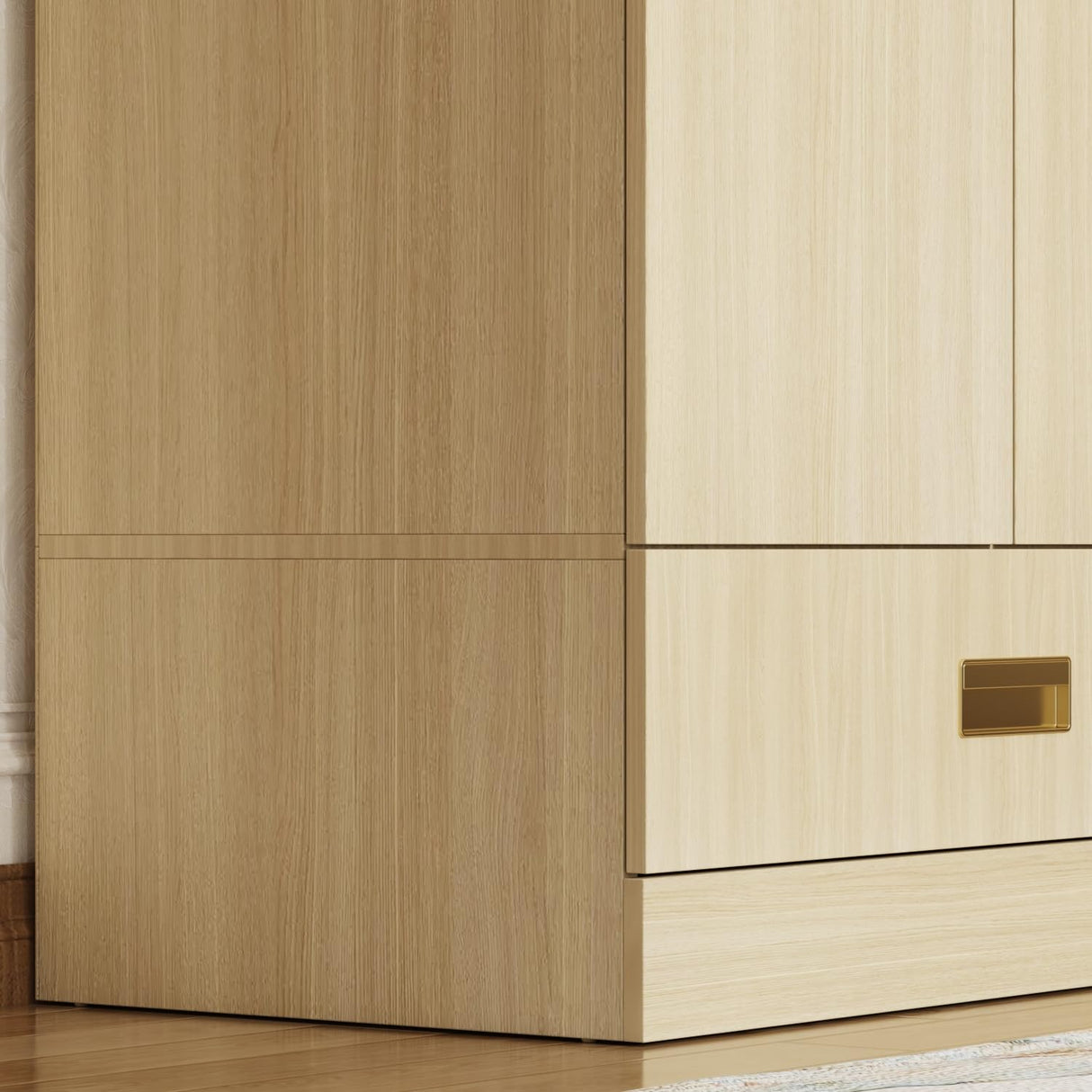 Hitow Armoire Wardrobe Closet with Hanging Rod, 2 Drawers & Shelves, 8-Door Wood Grain Wardrobe Closet with Top Cabinets, Free Standing Clothes Organizer Cabinet for Bedroom, Light Brown Hitow