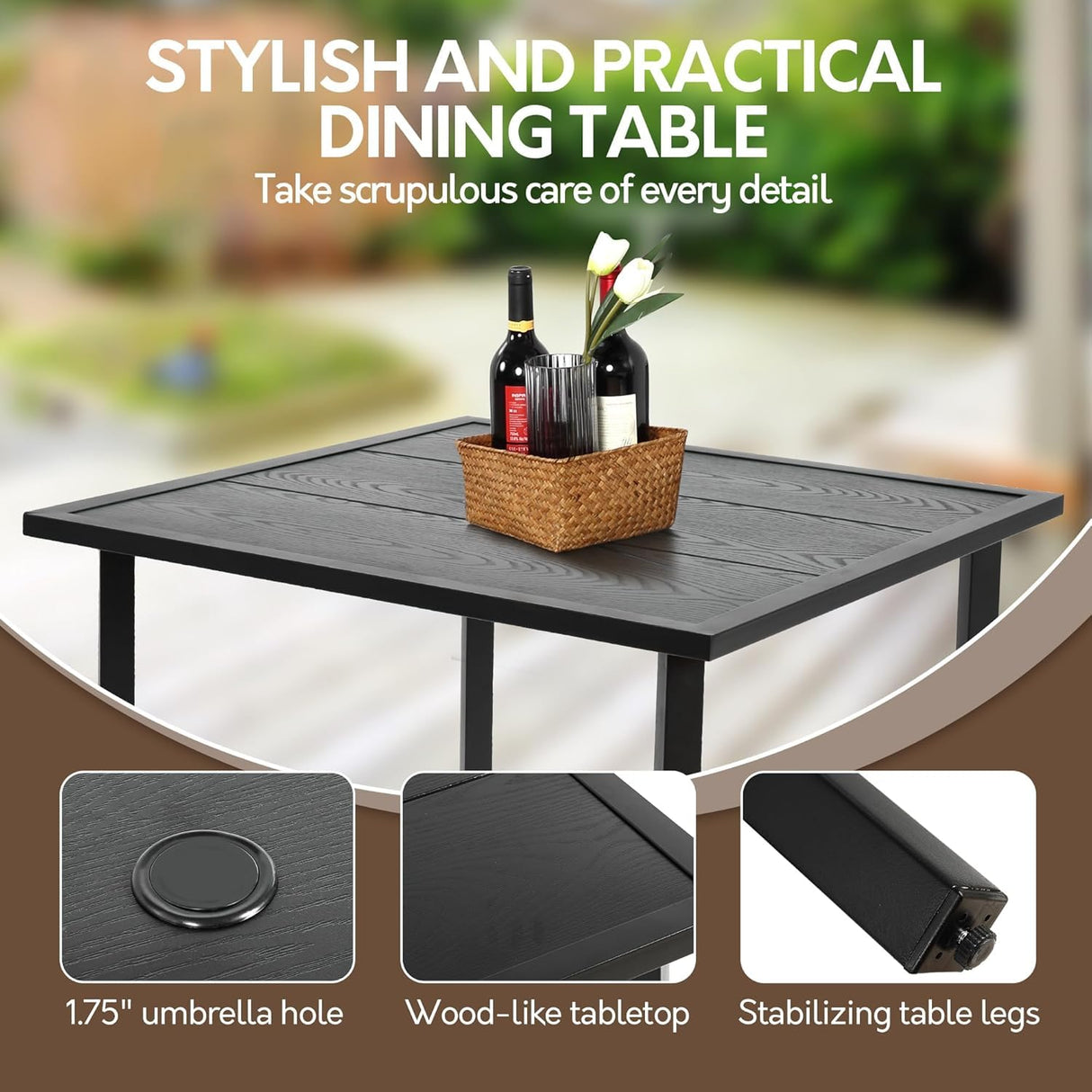 Andehomy 5-Piece Patio Dining Set for 4,Outdoor Dining Set with Wicker Swivel Patio Dining Chairs with Cushions & 1 Black Square Woodgrain Dining Table with 1.75”Market Umbrella Hole, Black & Brown Andehomy