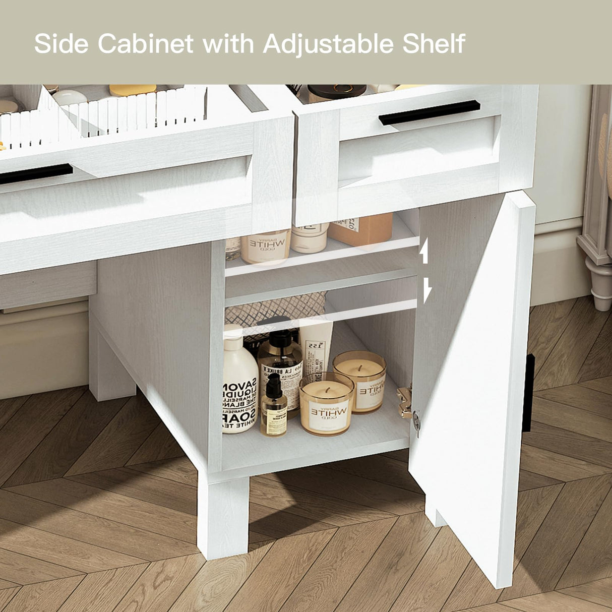 usikey Farmhouse Makeup Vanity Desk with Mirror and Lights, Glass Tabletop Makeup Vanity with Adjustable Shelves, Vanity Table Set with 2 Drawers and Side Cabinet for Bedroom, White usikey