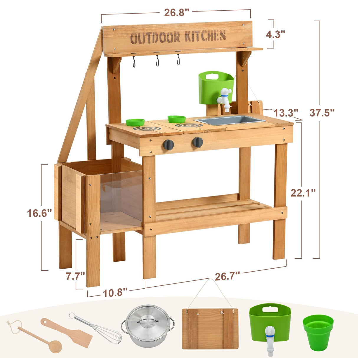 Aoparts Mud Kitchen for Kids Outdoor, Wood Outdoor Kitchen with Planter Box, Toddler Play Kitchen with Sink, Faucet, Blackboard, Water Cup and Kitchen Accessories for Kids Aoparts