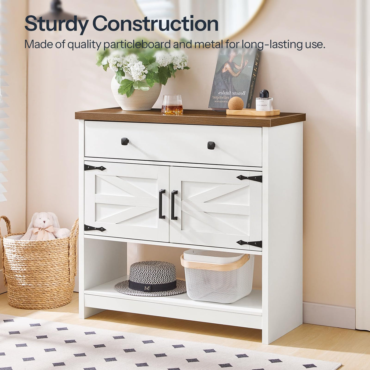 HOOBRO 34.3 Inches Farmhouse Console Table with Large Drawer and 2-Door Cabinet, Entryway Table with Storage, Sofa Table, Coffee Bar, for Entrance, Kitchen, Living Room, Walnut and White WH90XG01 HOOBRO