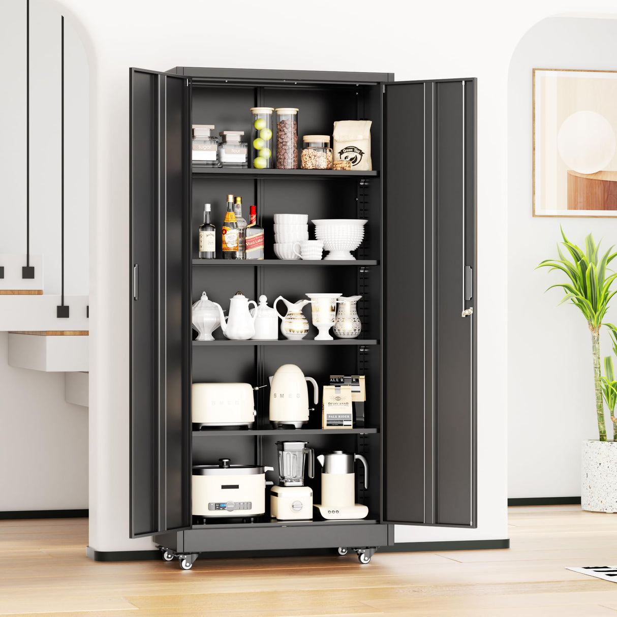 Bonusall Garage Cabinets with Wheels, 73" H Metal Locking Cabinet with 2 Doors and 4 Shelves, Storage Cabinet on Wheels for Home Office,Warehous, School(Black Bonusall