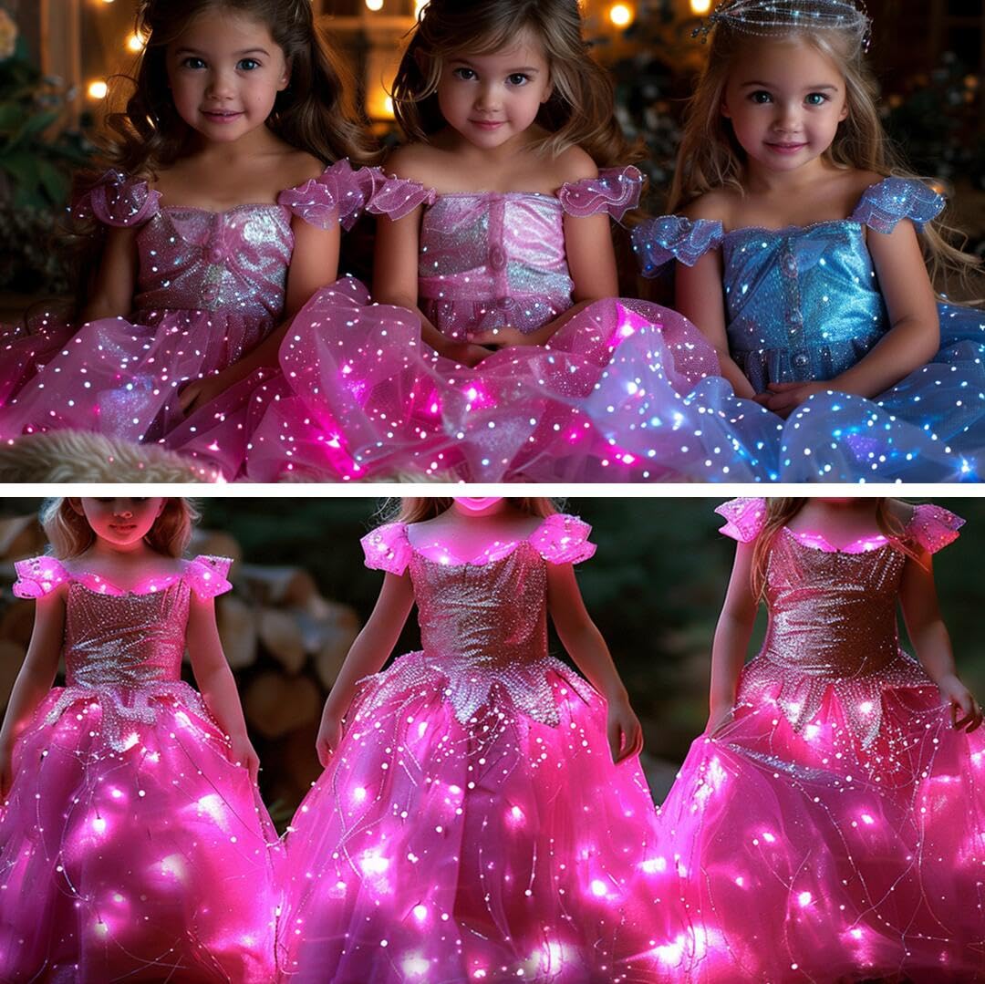 QooGoo Girls Princess Costume Dress LED Light up Fancy Dresses Up Cosplay Party Dress Red Butterfly Pink(Rose Red, 4-5T) QooGoo