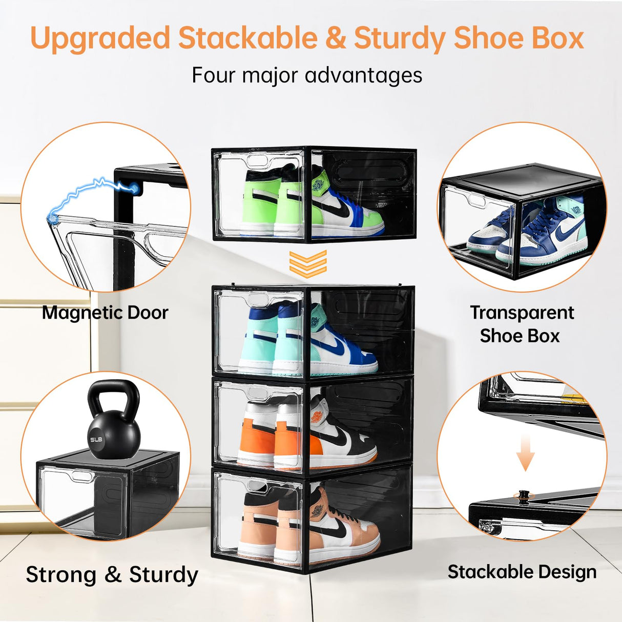 INSTY 12 Pack Large Shoe Storage Box, Clear Shoe Storage Organizer with Magnetic Door, Stackable,Shoe Containers For Display Sneakers, Easy Assembly, Fit up to US Size 12, Transparent INSTY