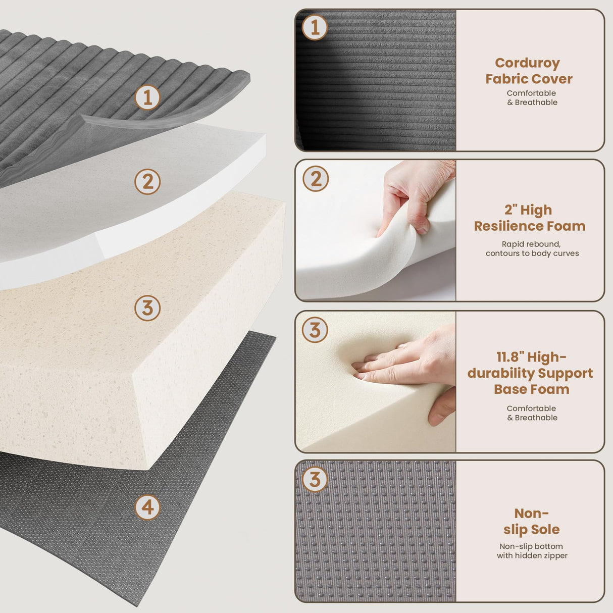 Modular Sectional Sofa, 108" L-Shaped Boneless Couch with Deep Seat, Corduroy Cloud Couch for Living Room, Bedroom, No Assembly Required, Ship in a Box, Grey RUMBALUXY