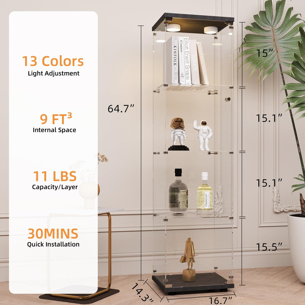 LFT HUIMEI2Y Glass Display Cabinet with LED Lights and Lock, 4-Shelf Curio Cabinets with Door, Tempered Glass Collection Display Showcase for Bedroom, Living Room 65”x 17”x 14.5” Black LFT HUIMEI2Y