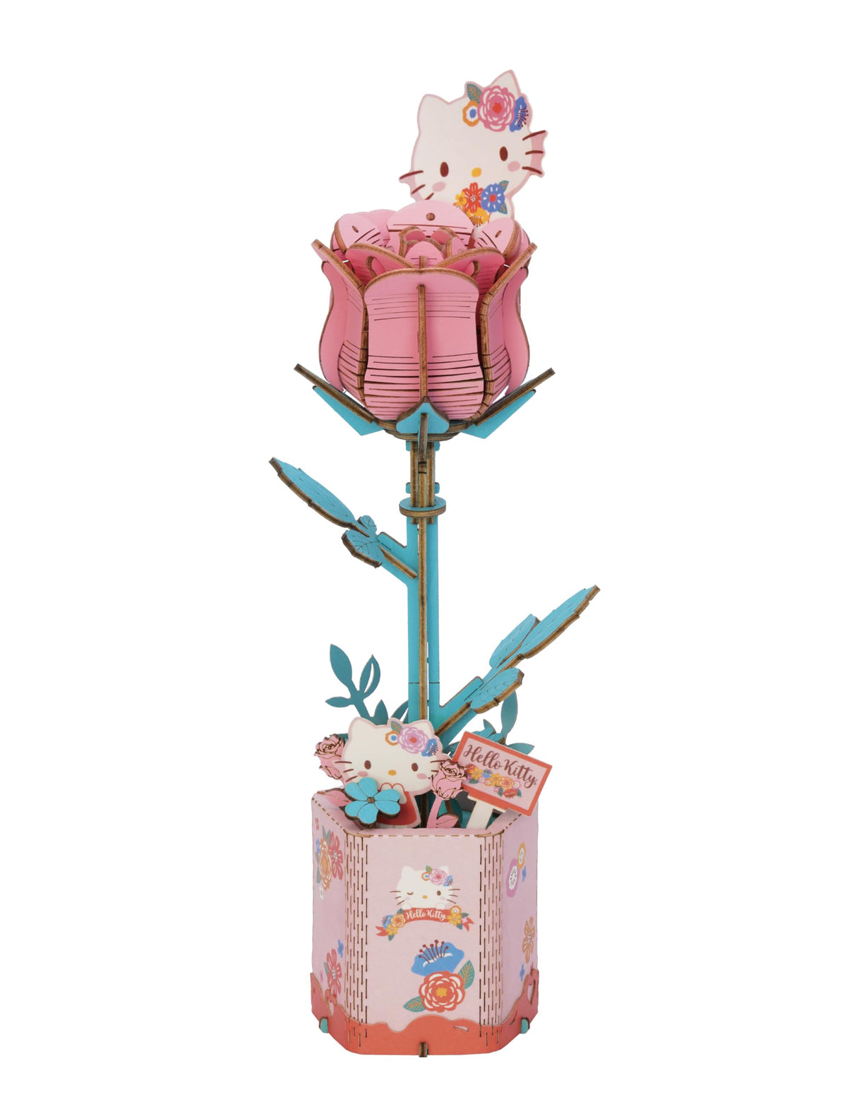 Hands Craft Hello Kitty and Friends Pink Rose 3D Wooden Puzzle Kit | DIY Flower Model | Arts & Crafts for Adults & Kids | Creative Hobby Kits | Hello Kitty Collectible | Wood Building Set Hands Craft