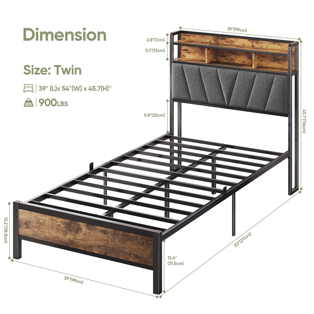 Welzona Twin Bed Frames, Metal Bed Frames with Charging Station, LED Lights Bed Frames with Upholstered Storage Headboard, Sturdy and Noise-Free, Storage Space Under Bed, No Box Spring Needed, Brown Welzona