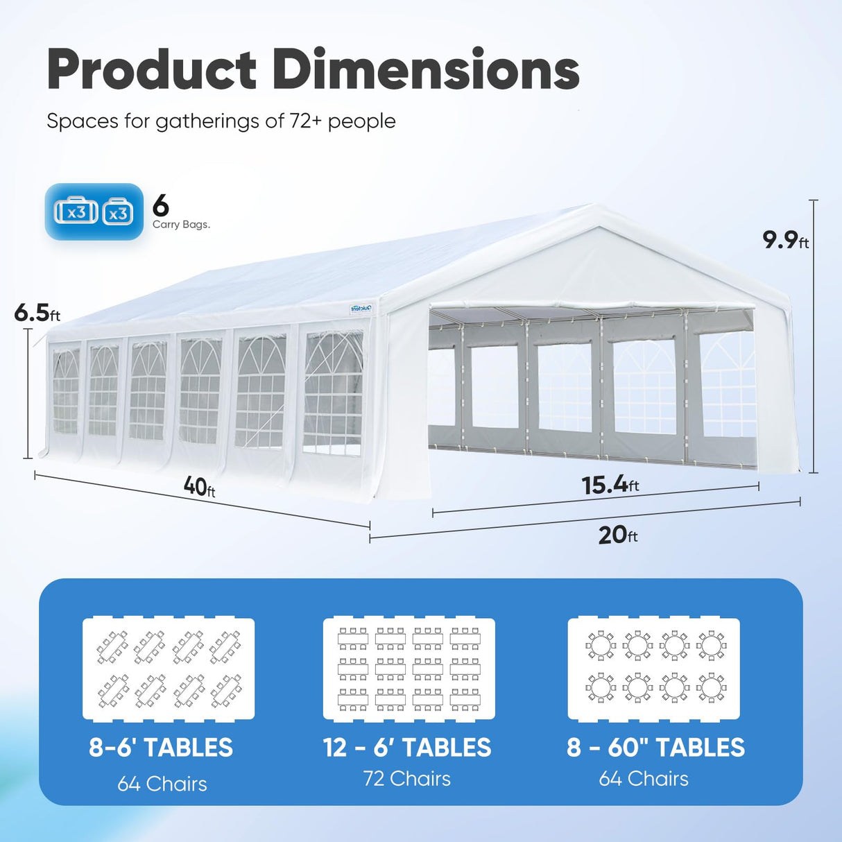 Quictent 20x40ft Party Tent Heavy Duty Outdoor Gazebo White Wedding Tent Canopy Event Shelter Carport with Removable Sidewalls& 6pcs Storage Bags Quictent