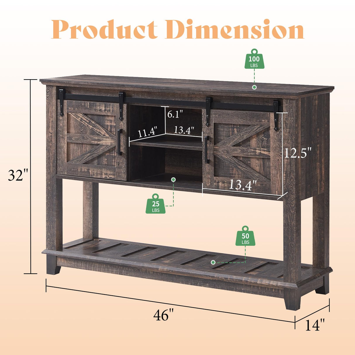 AMERLIFE Sofa Table with Sliding Barn Doors, TV Console Table, 46" Farmhouse Rustic Storage Entryway Table, Adjustable Open Shelves, Hallway, Living Room, Bedroom, Rustic Oak Black AMERLIFE