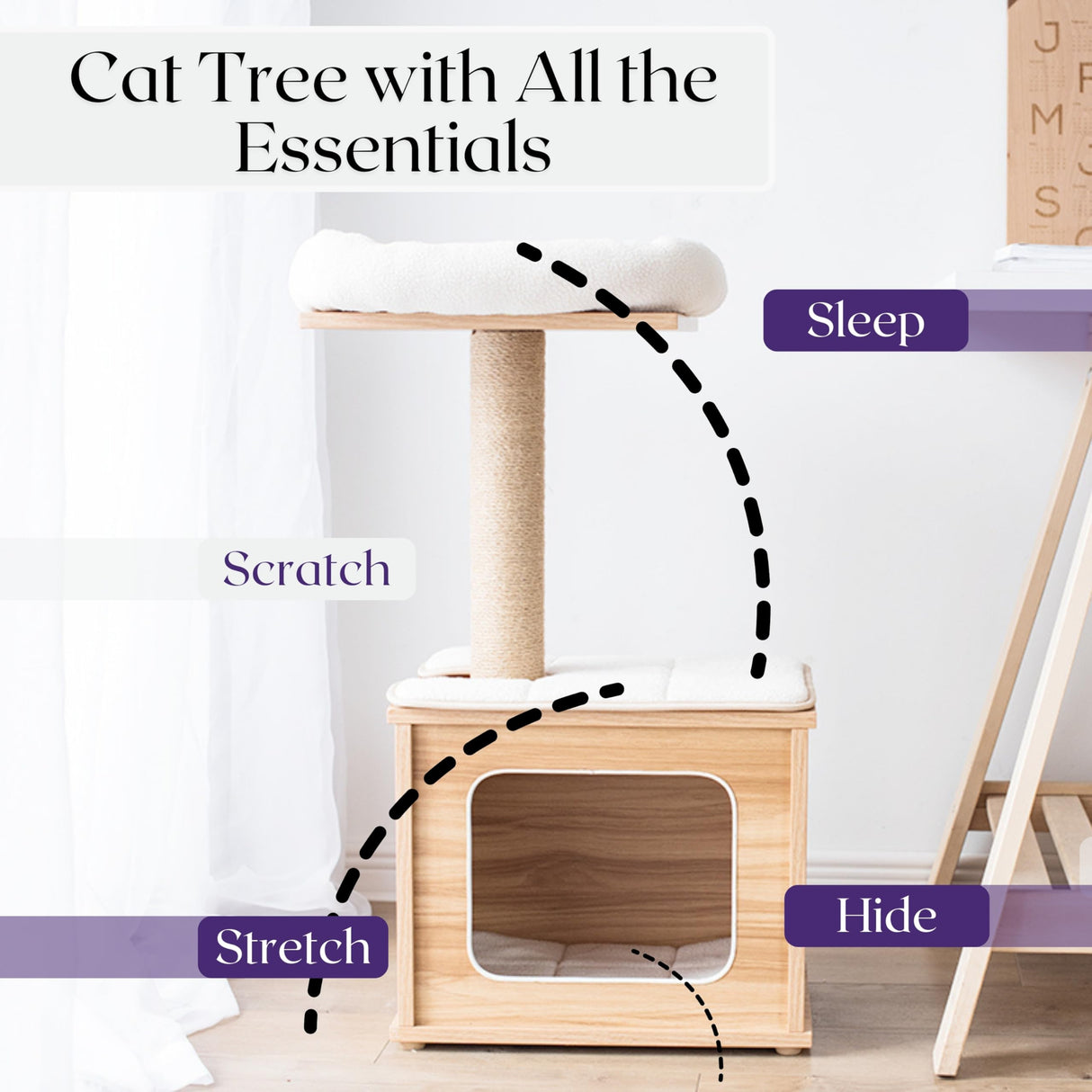 Catry 29.7" Tall 3 Level Laminated Wood Cat Tree with Large Base Condo, 2 Paded Steps, Natural Jute Scratching Post, Sturdy and Easy to Assemble for Small Cat, Brown Catry