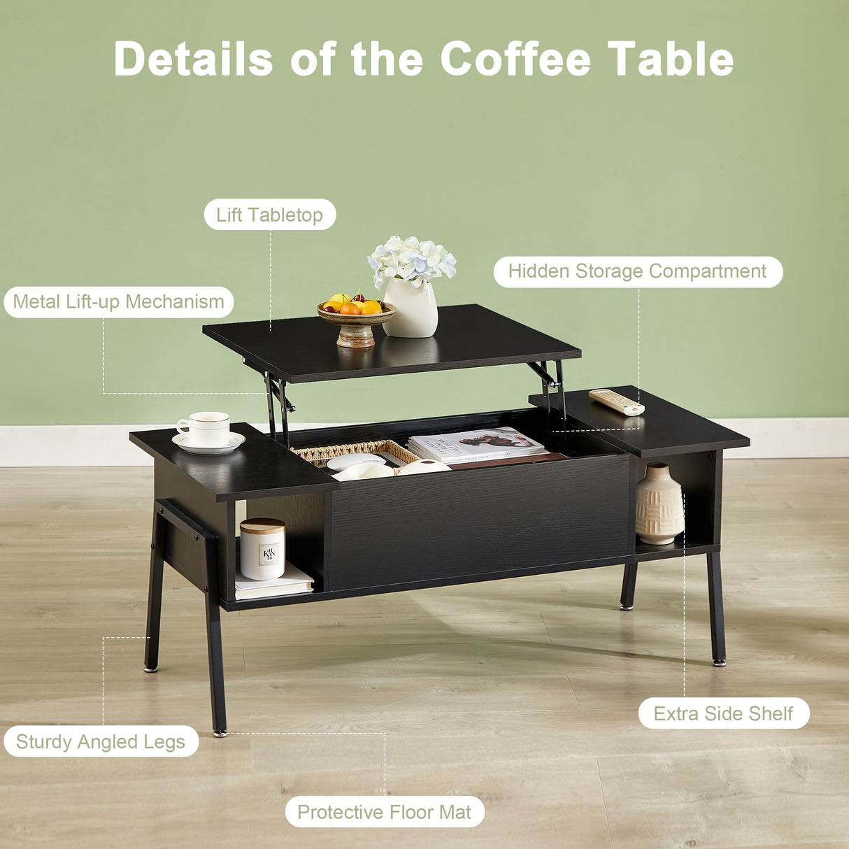 VECELO Wood Lift Top Coffee Table with Hidden Compartment and Storage Shelf for Living Room/Office Reception, Rising Tabletop, Brown, Large, Black VECELO