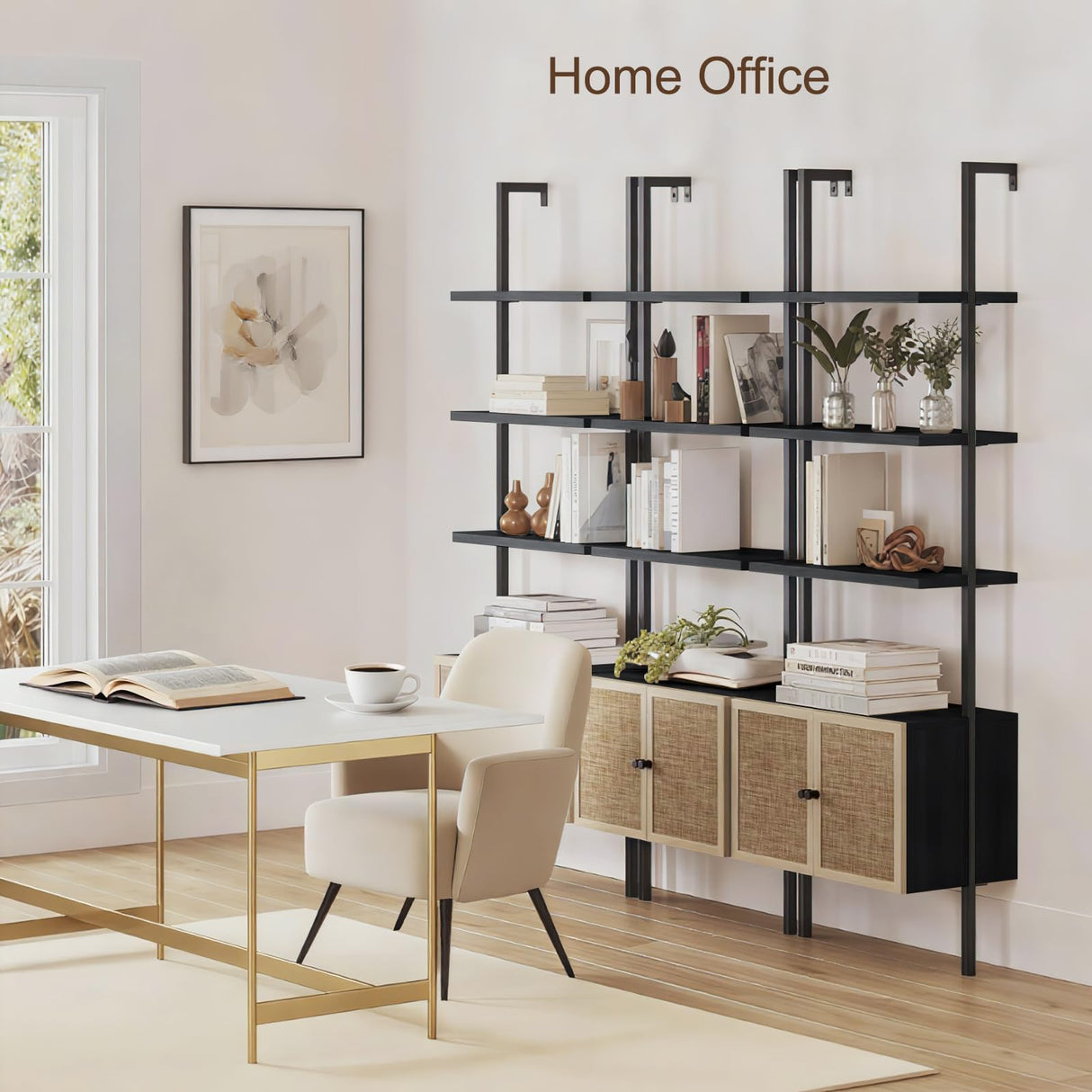 SOLACE FURNITURE Rattan Bookcase, 6 Tier Ladder Bookshelf with Rattan Cabinet, Wall Mount Tall Bookshelves and Bookcases with Metal Storage Shelves Display for Living Room Bedroom Home Office, Black SOLACE FURNITURE