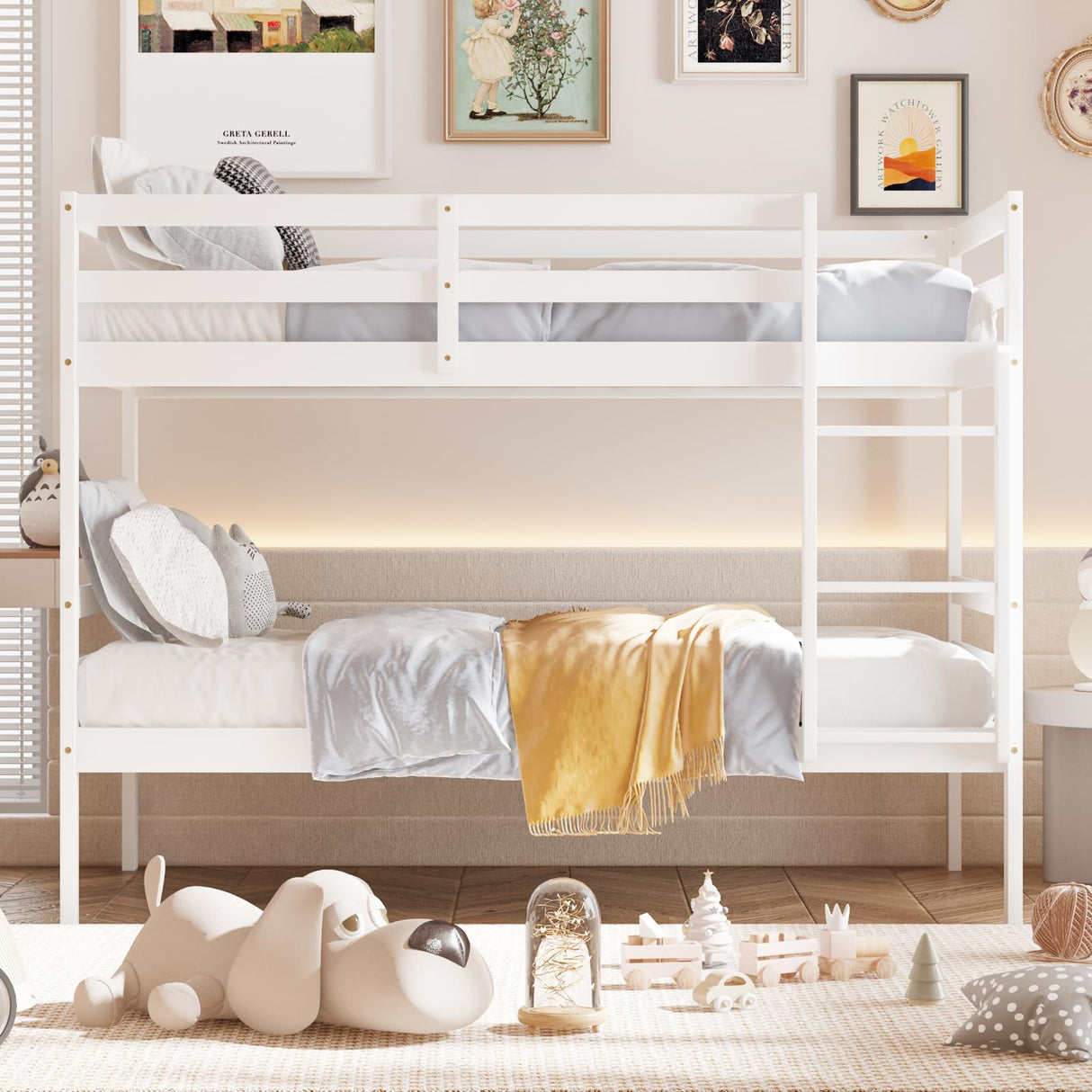 Giantex Bunk Bed Twin Over Twin White, Solid Wood Bunk Bed with Sturdy Ladder & 12 Inch Safety Guard Rails, Twin Size Wood Bed Frame for Dormitory, No Box Spring Needed, Bunk Beds for Kids Teens Giantex