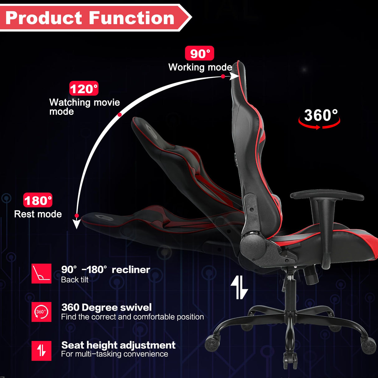 GOTMINSI Computer Gaming Chair with Headrest and Lumbar Cushion, Ergonomic Gaming Chair Office Chair 290lbs for Adults, Video Game Chairs Racing Chair High Back Leather Adjustable, (BK/Red) GOTMINSI
