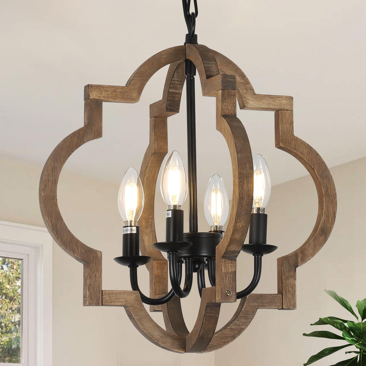 Farmhouse Chandelier Light Fixtures, 4-Light Dining Room Light Fixtures Over Table, Solid Wood Chandeliers for Dining Room, 15.7“ Brown Rustic Chandeliers for Living Room Kitchen Island Bedroom Foyer Stepeak