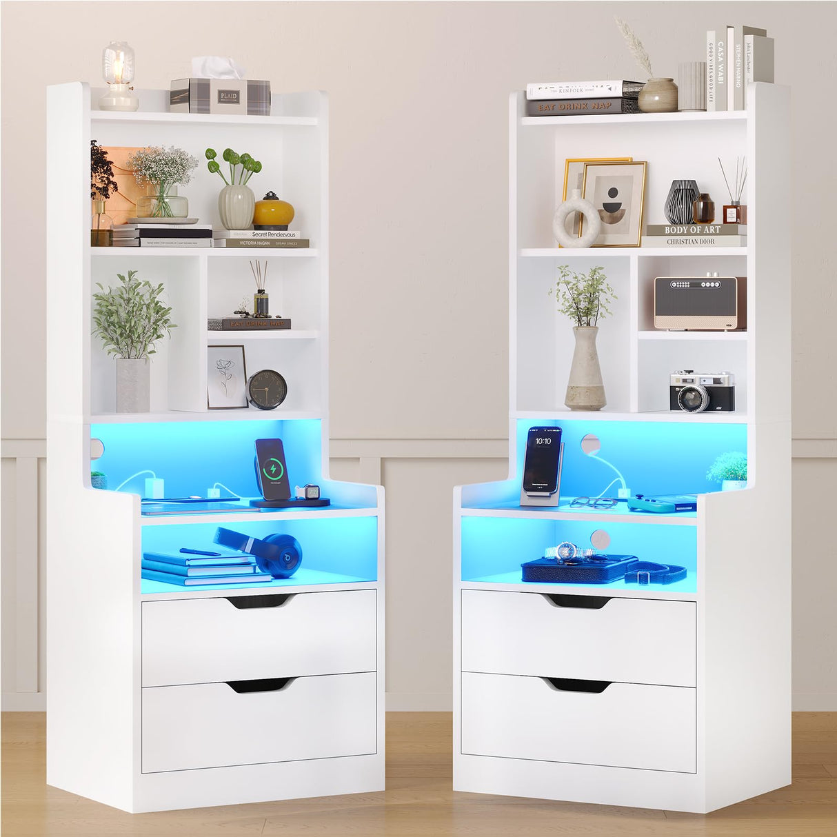 Modern LED Tall Nightstand Set of 2 with Charging Station and Storage, White ADORNEVE